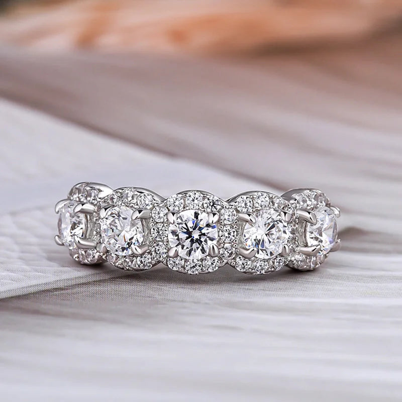 Dainty Five-Stone Halo Round Cut Wedding Band in Sterling Silve