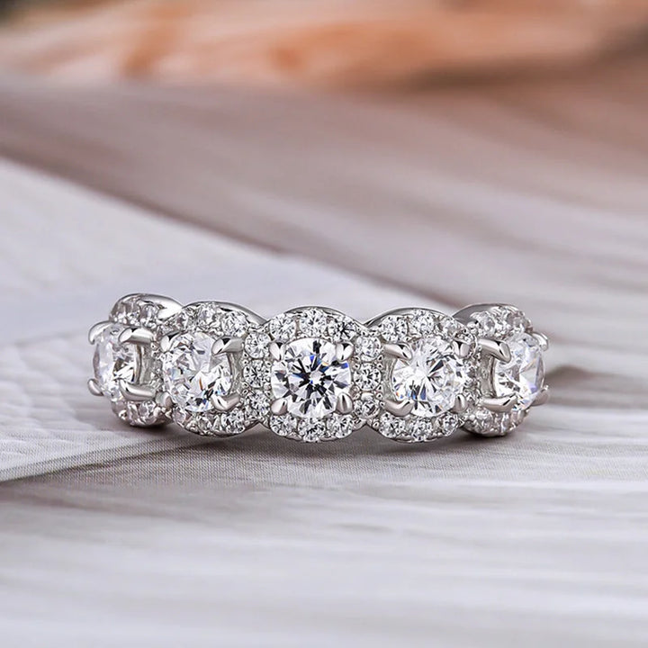 Dainty Five-Stone Halo Round Cut Wedding Band in Sterling Silve