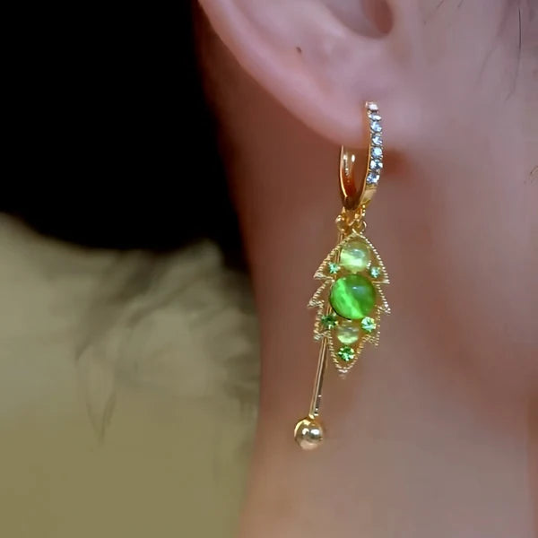 14K Gold-Plated Elegant Zircon & Green Diamond Cat's Eye Stone Leaf Tassel Earrings