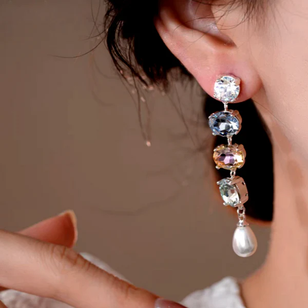 14K Gold-Plated Elegant Colorful Diamond Pearl Tassel Earrings