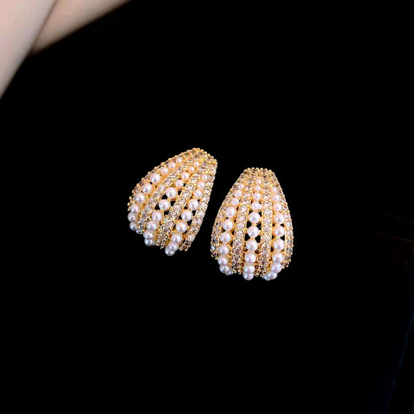 14K Gold-Plated Elegant Zircon & Pearl C-Shaped Earrings