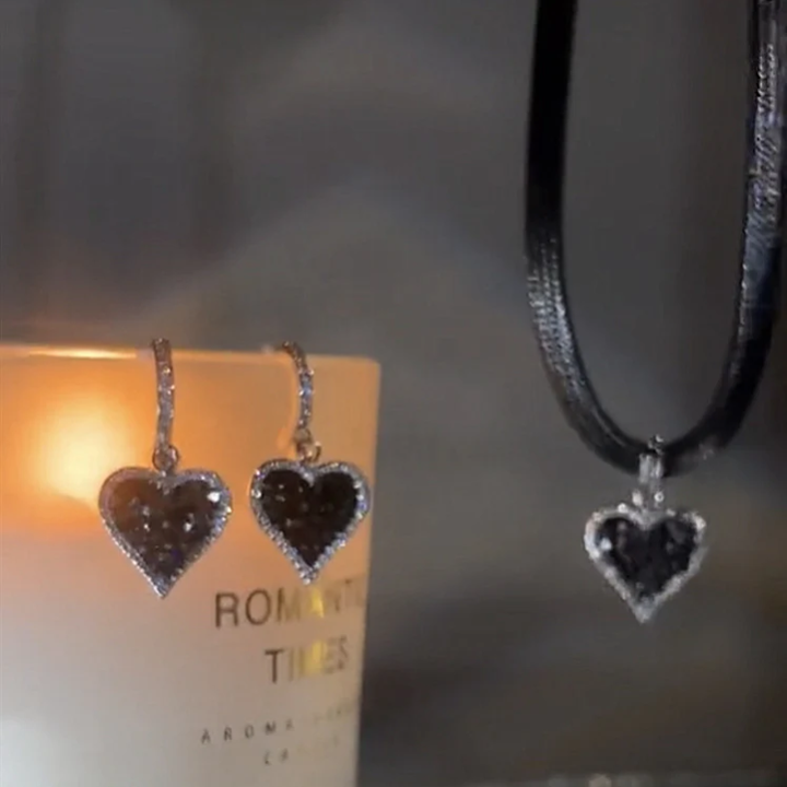 Sparkling Black Heart Earrings with Diamond Accents