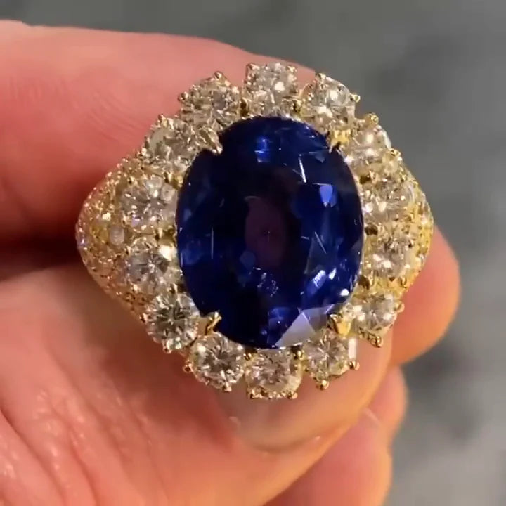 Luxurious Halo Oval Cut Royal Blue Golden Handmade Engagement