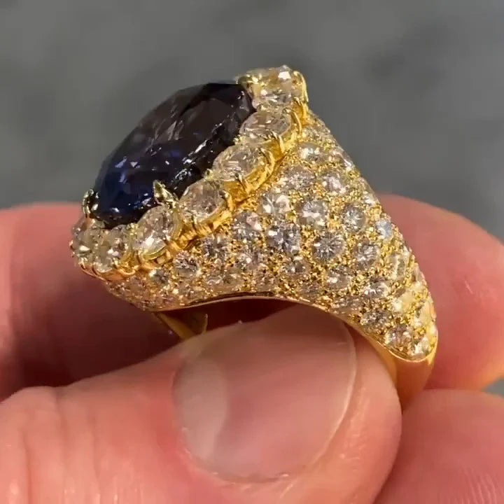 Luxurious Halo Oval Cut Royal Blue Golden Handmade Engagement