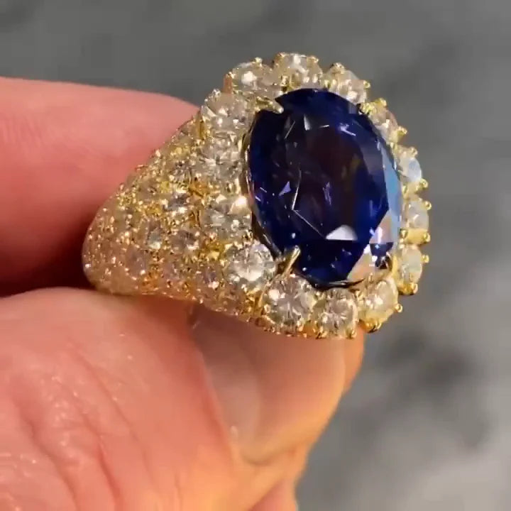 Luxurious Halo Oval Cut Royal Blue Golden Handmade Engagement