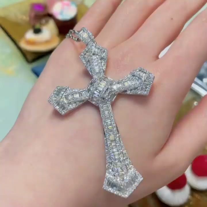 Flawless White Sapphire Baguette Cut Cross Pendant Necklace