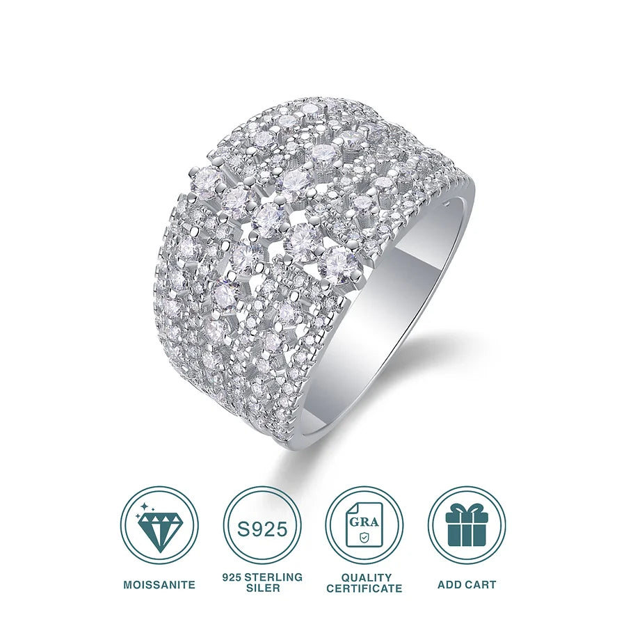 S925 Silver Wide-Face Moissanite Eternity Ring, Platinum-Plated with 133 Sparkling Diamonds, Diamond Test Certificate, Fine Jewelry Wedding Band Gift