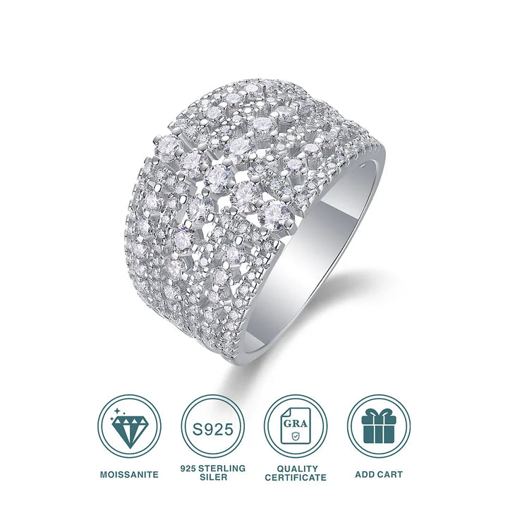 S925 Silver Wide-Face Moissanite Eternity Ring, Platinum-Plated with 133 Sparkling Diamonds, Diamond Test Certificate, Fine Jewelry Wedding Band Gift