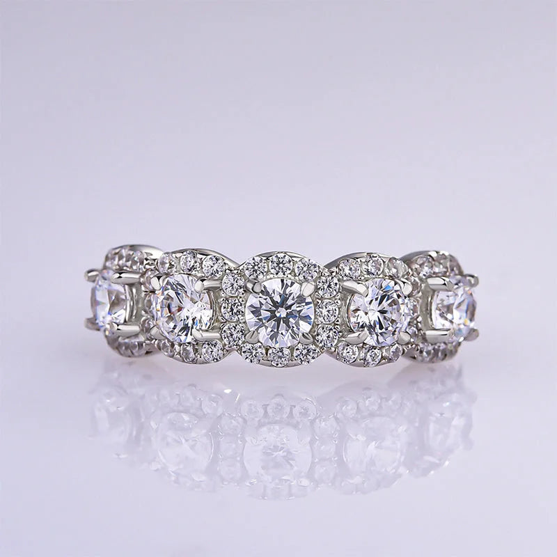 Dainty Five-Stone Halo Round Cut Wedding Band in Sterling Silve