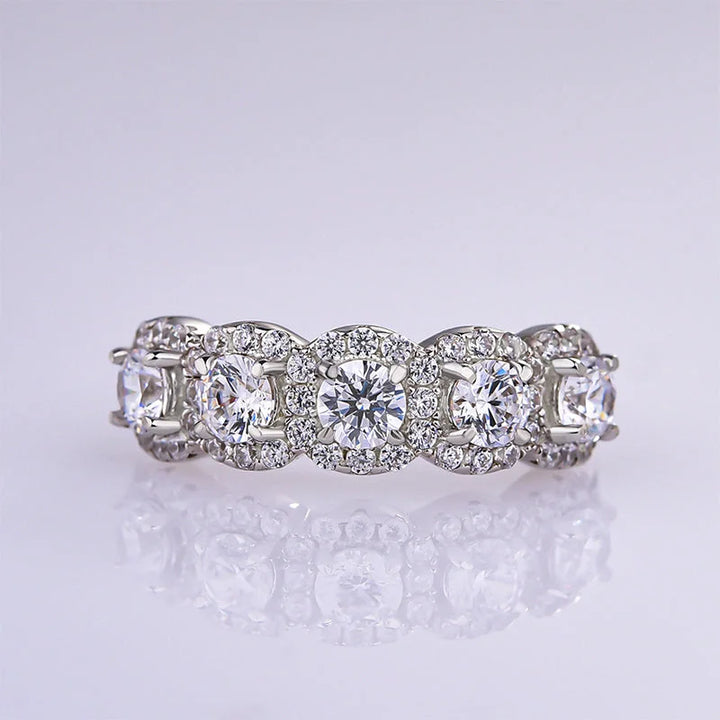 Dainty Five-Stone Halo Round Cut Wedding Band in Sterling Silve