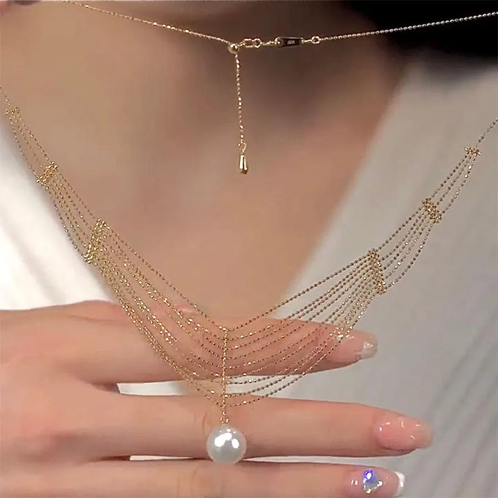 Romantic Pearl Drop Necklace – Adjustable Layered Gold Chain