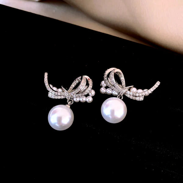 Elegant Zircon Bow Pearl Earrings