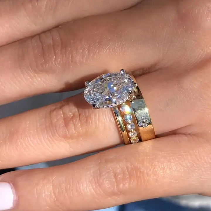 Stunning Oval Cut Sterling Silver Bridal Set in Golden Tone, Receive 2 Free Additional Rings