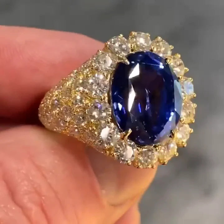 Luxurious Halo Oval Cut Royal Blue Golden Handmade Engagement