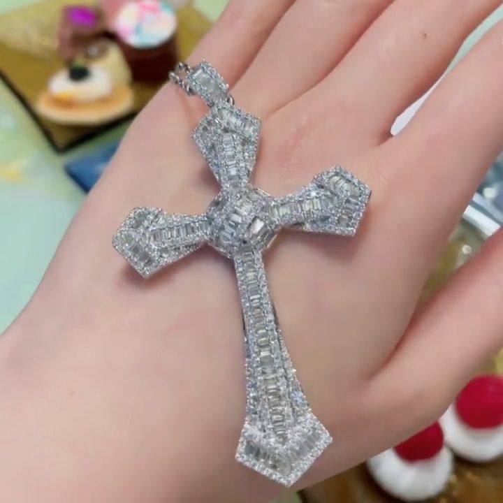 Flawless White Sapphire Baguette Cut Cross Pendant Necklace
