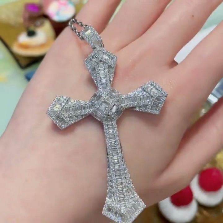 Flawless White Sapphire Baguette Cut Cross Pendant Necklace