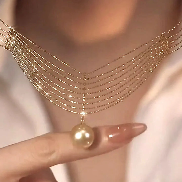 Romantic Pearl Drop Necklace – Adjustable Layered Gold Chain