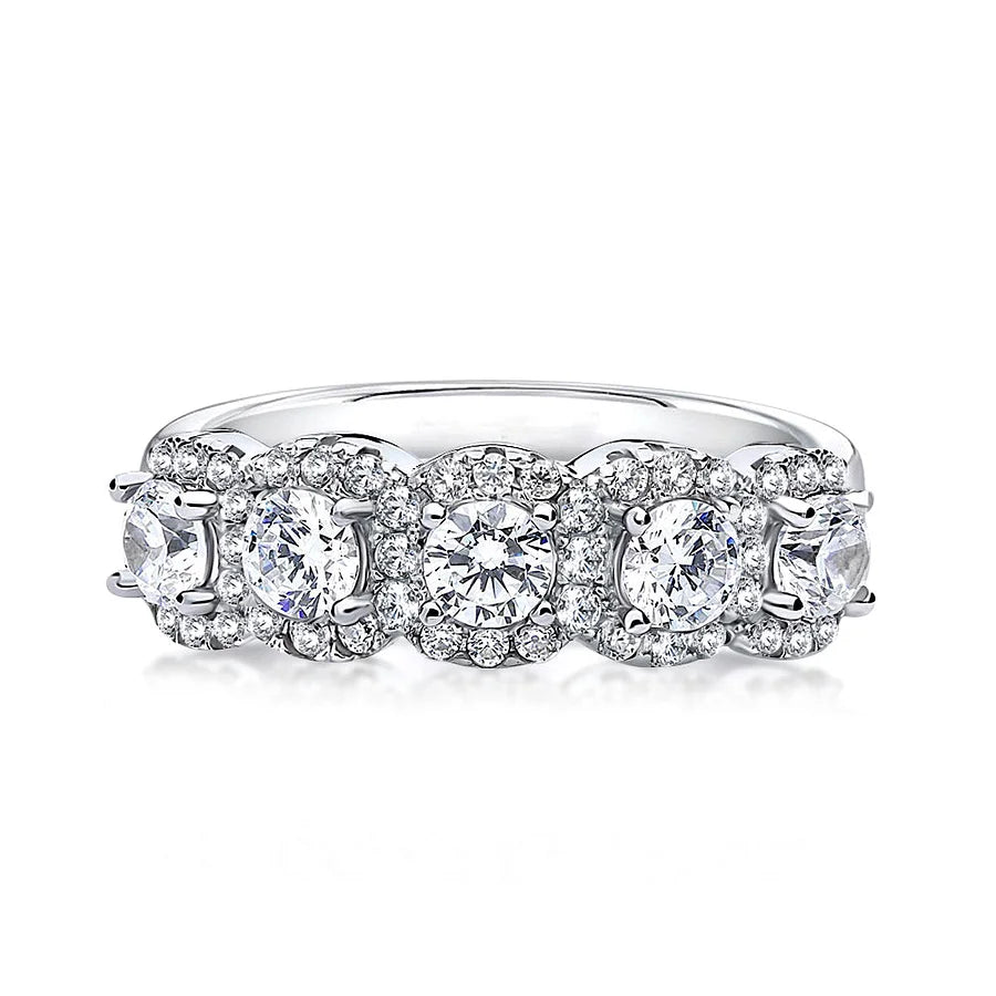 Dainty Five-Stone Halo Round Cut Wedding Band in Sterling Silve