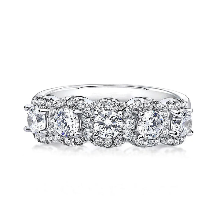 Dainty Five-Stone Halo Round Cut Wedding Band in Sterling Silve