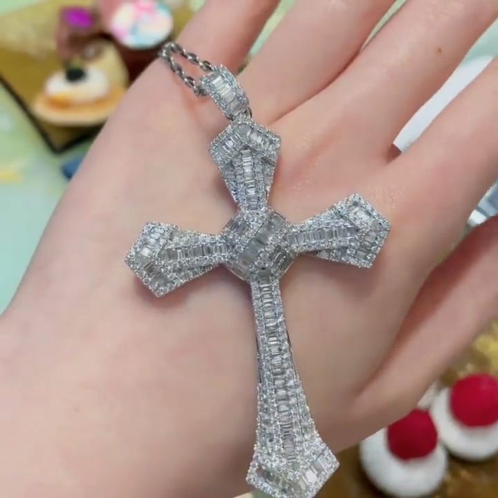 Flawless White Sapphire Baguette Cut Cross Pendant Necklace
