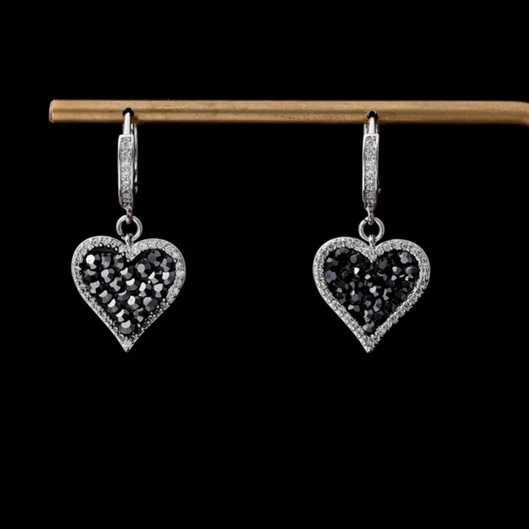 Sparkling Black Heart Earrings with Diamond Accents