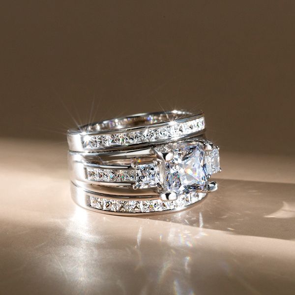Three Stone Created White Sapphire 3PC Wedding Set