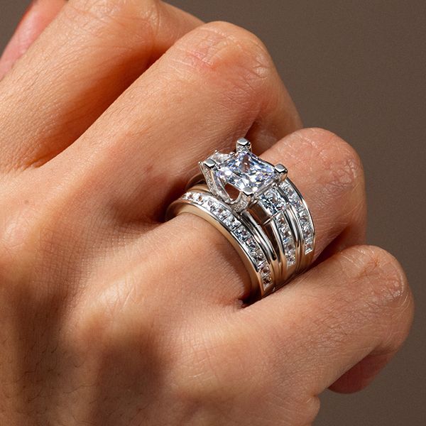 Three Stone Created White Sapphire 3PC Wedding Set