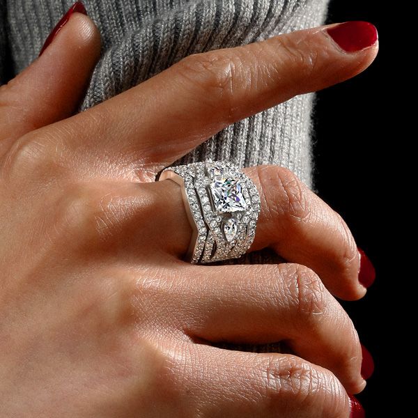 Princess Cut Three Stone 3PC Wedding Set Engagement Ring Set