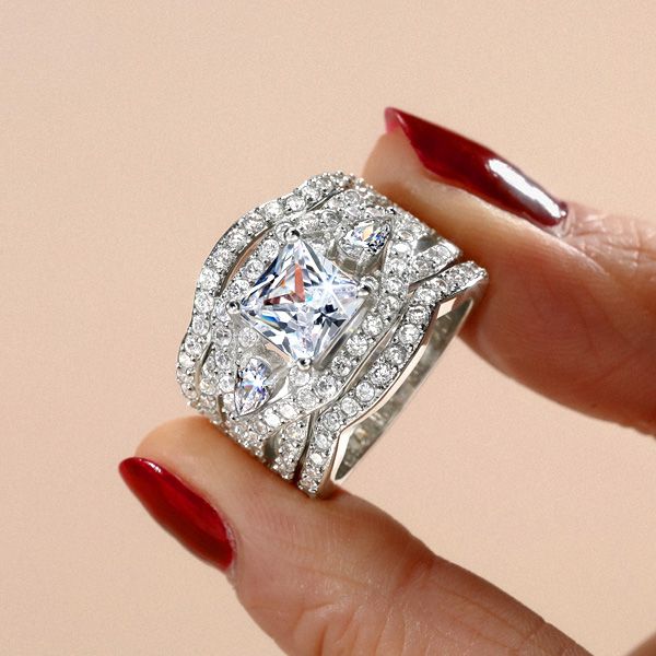 Princess Cut Three Stone 3PC Wedding Set Engagement Ring Set