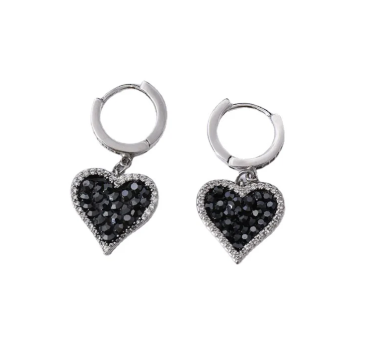 Sparkling Black Heart Earrings with Diamond Accents