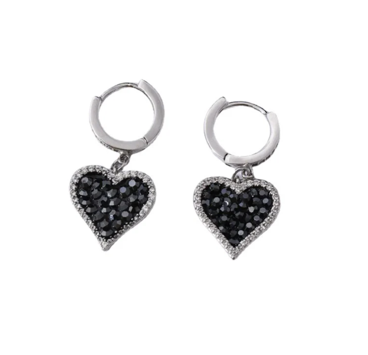 Sparkling Black Heart Earrings with Diamond Accents
