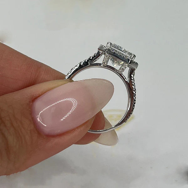 Modern Elegance Split Shank Radiant Cut Halo Ring in Sterling Silver