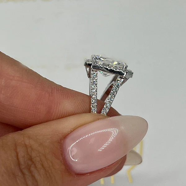Modern Elegance Split Shank Radiant Cut Halo Ring in Sterling Silver