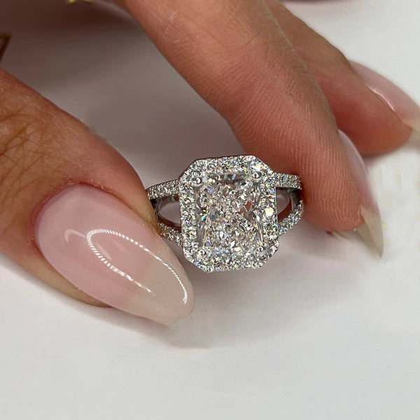 Modern Elegance Split Shank Radiant Cut Halo Ring in Sterling Silver