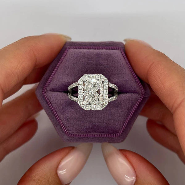 Modern Elegance Split Shank Radiant Cut Halo Ring in Sterling Silver