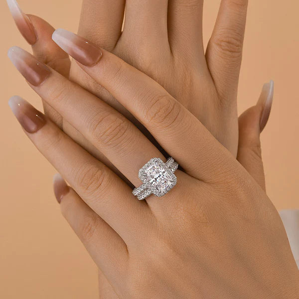 Regal Shine Radiant Cut Wedding Ring Set for Women in Silver