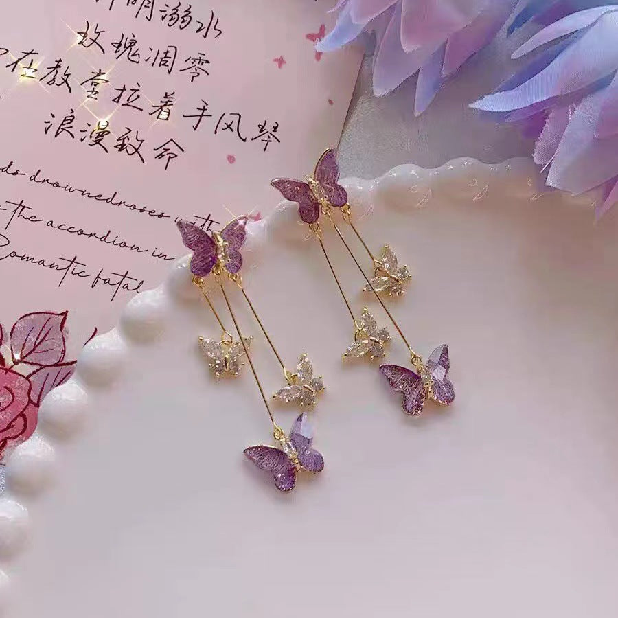 Purple Butterfly Tassel Style Zircon Earrings