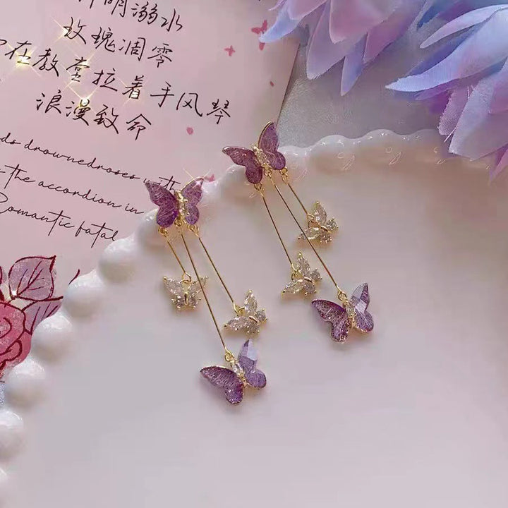 Purple Butterfly Tassel Style Zircon Earrings