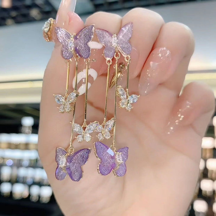 Purple Butterfly Tassel Style Zircon Earrings