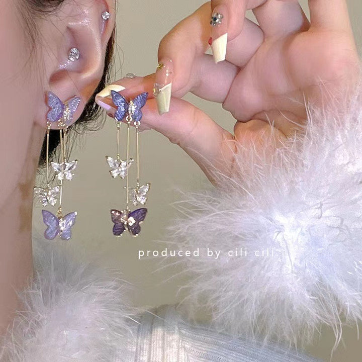 Purple Butterfly Tassel Style Zircon Earrings