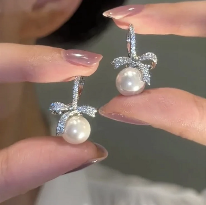Zirconia Bow Pearl Earrings