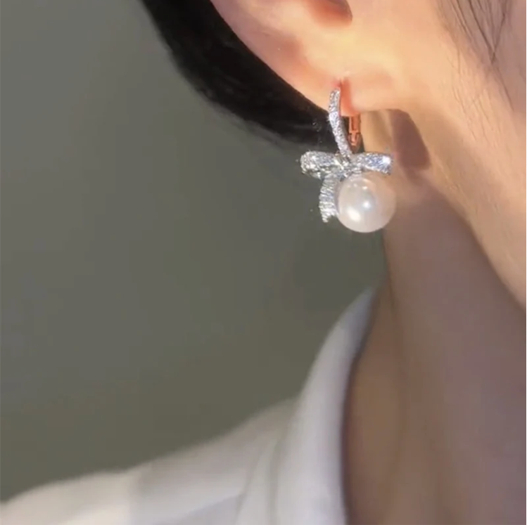 Zirconia Bow Pearl Earrings