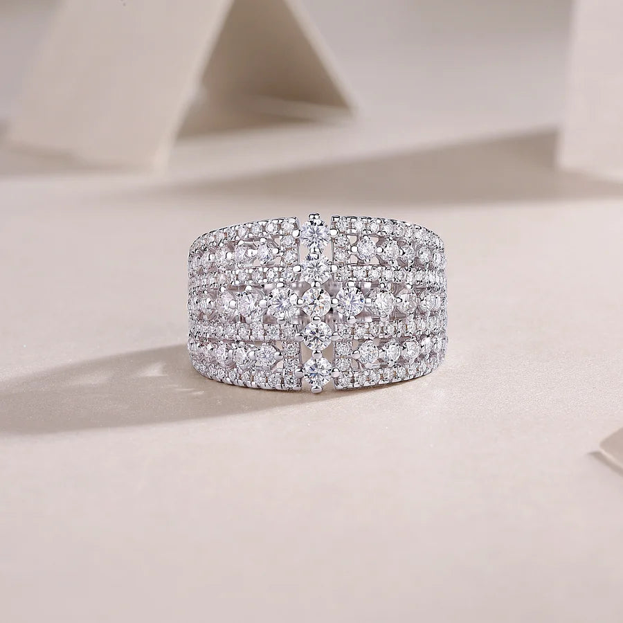 S925 Silver Wide-Face Moissanite Eternity Ring, Platinum-Plated with 133 Sparkling Diamonds, Diamond Test Certificate, Fine Jewelry Wedding Band Gift