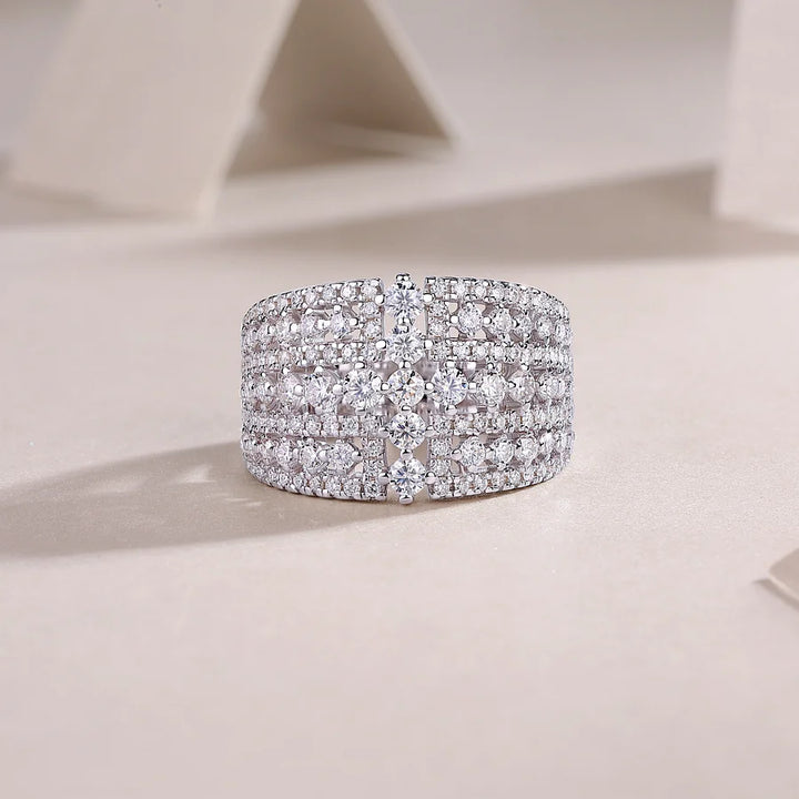 S925 Silver Wide-Face Moissanite Eternity Ring, Platinum-Plated with 133 Sparkling Diamonds, Diamond Test Certificate, Fine Jewelry Wedding Band Gift